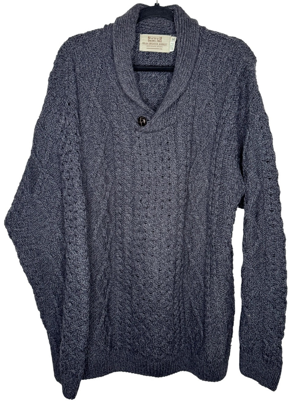 ARAN SWEATER / dark gray shawl neck honeycomb Irish wool pullover sweater / XL